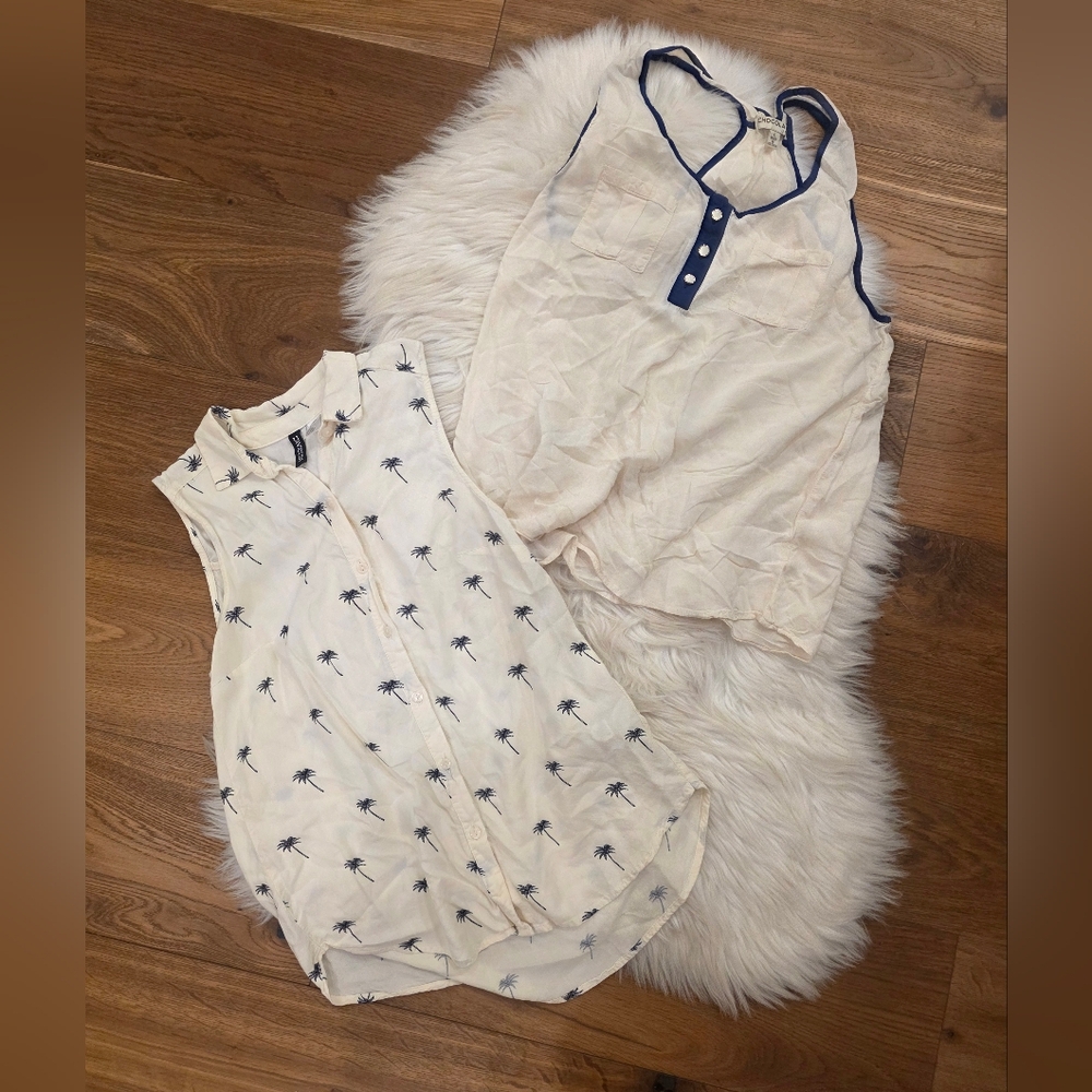 Retro Cream Sleeveless Blouse Set with Navy Trim & Palm Print